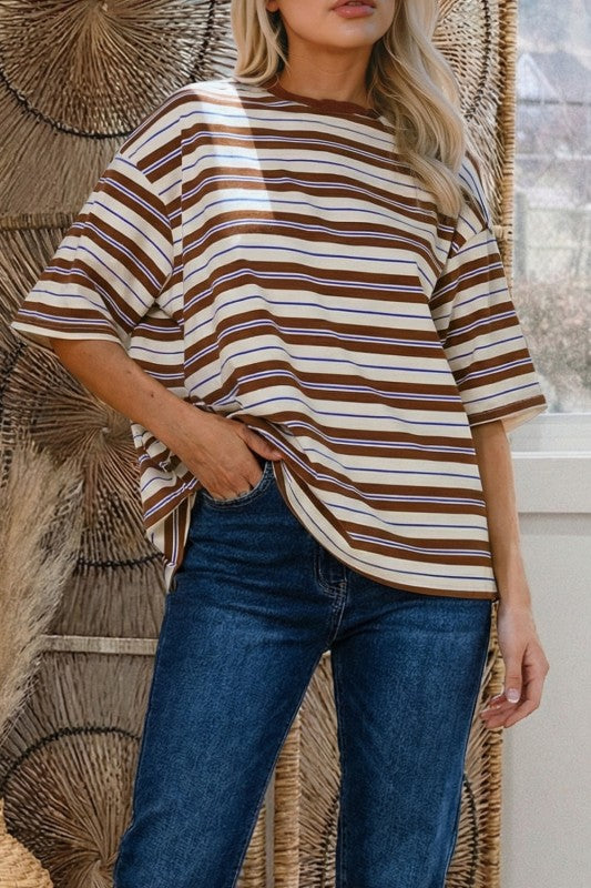 Brown and Blue Stripe Oversized T-Shirt