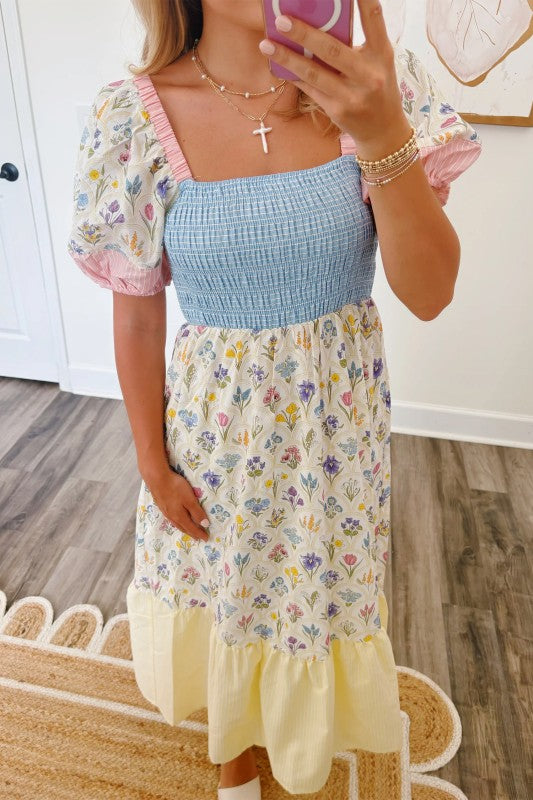 Patchwork Puffy Sleeve Maxi Dress
