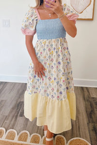 Patchwork Puffy Sleeve Maxi Dress