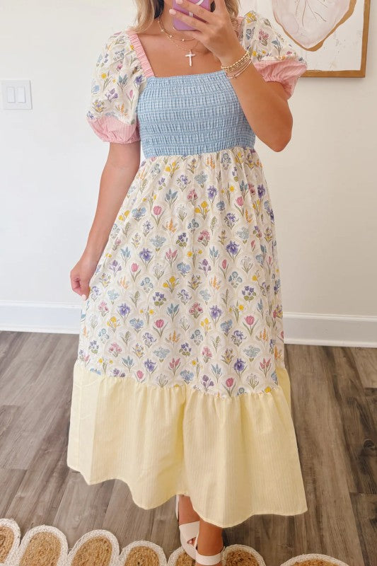 Patchwork Puffy Sleeve Maxi Dress