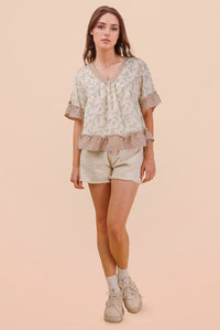 Floral Top W/ Striped V-Neckline and Ruffle Trim Blush