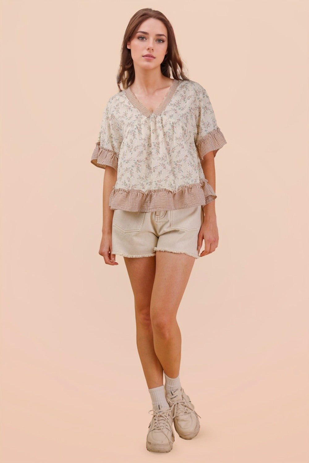 Floral Top W/ Striped V-Neckline and Ruffle Trim Blush