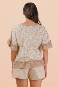 Floral Top W/ Striped V-Neckline and Ruffle Trim Blush