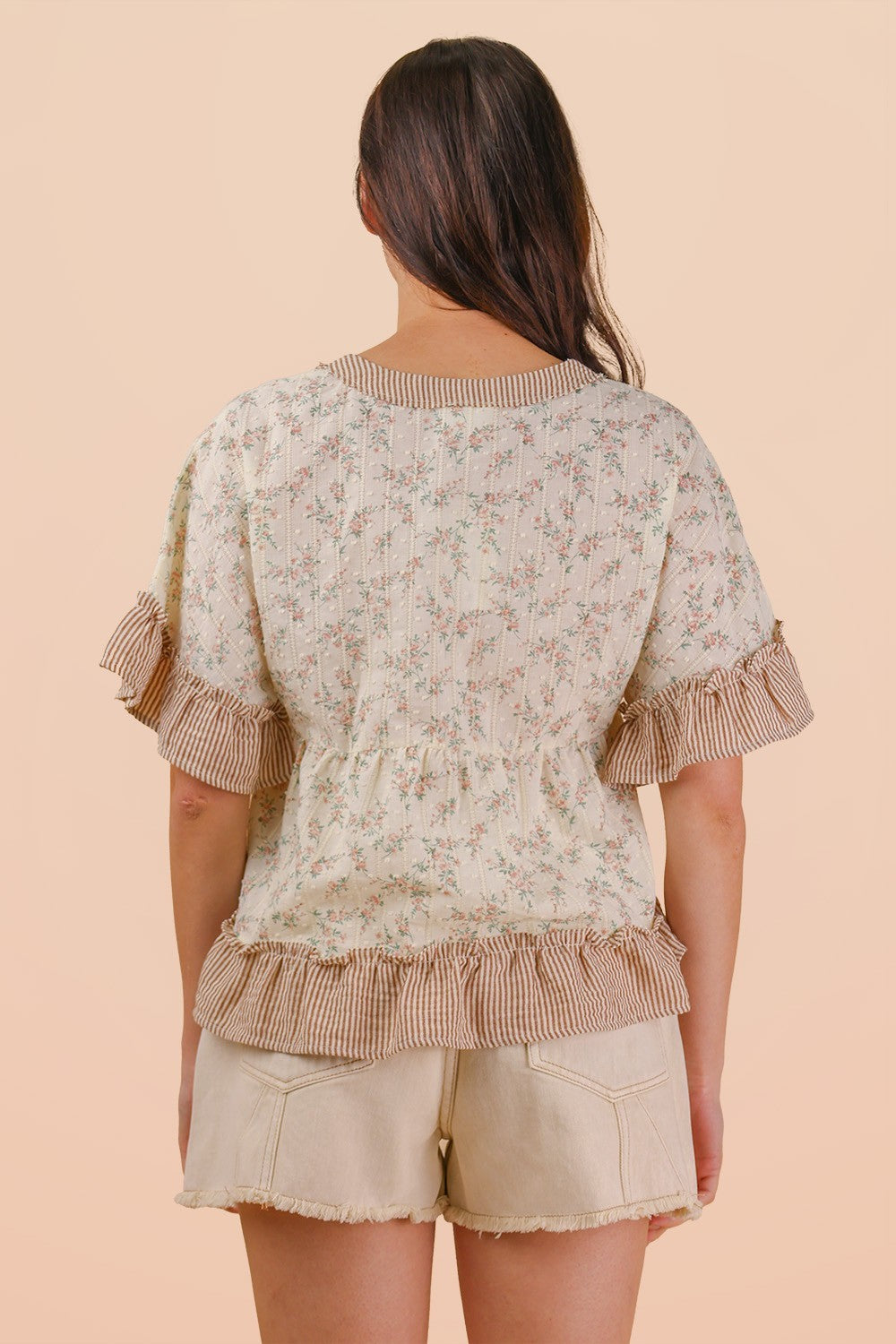Floral Top W/ Striped V-Neckline and Ruffle Trim Blush