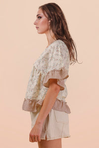 Floral Top W/ Striped V-Neckline and Ruffle Trim Blush