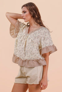 Floral Top W/ Striped V-Neckline and Ruffle Trim Blush