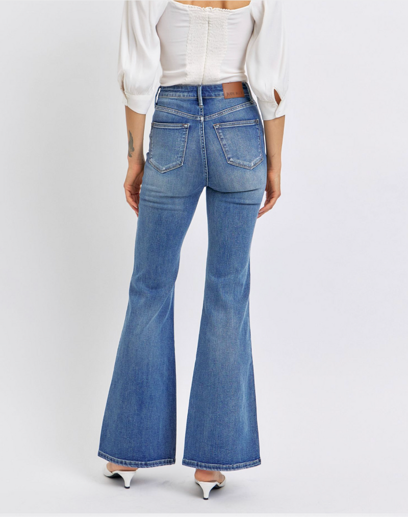 High Waisted Tummy Control Contrast Wash Flare Jeans 88855