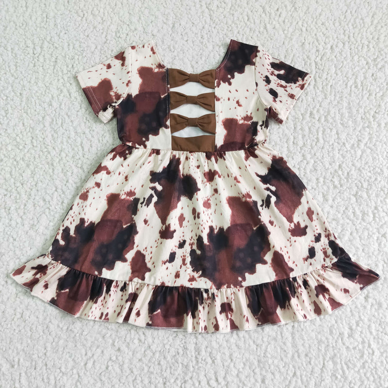 Cow Print Short Sleeve Bow Backless Girl's Western Dress