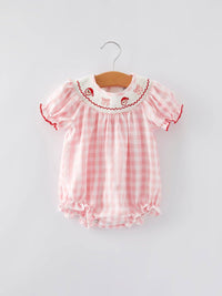 Christmas Santa Embroidered Plaid Girls Romper
