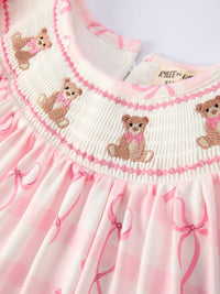 Spring Pink Bow Teddy Smocked Girl Dress