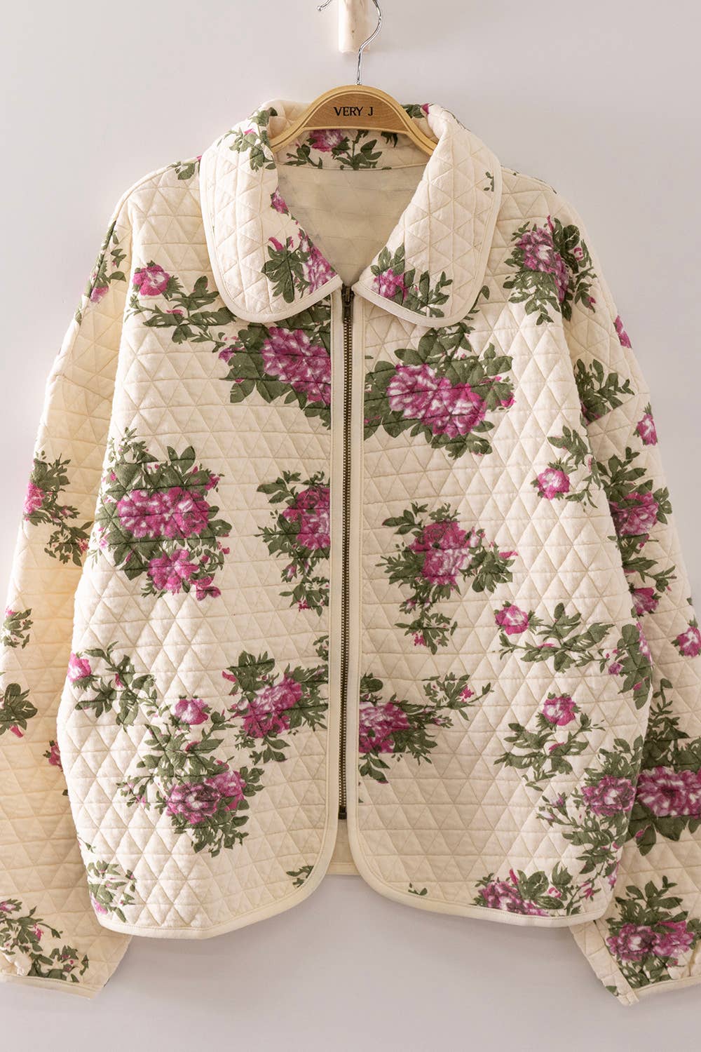 NJ90489-Floral Print Quilted Zip-Up Jacket