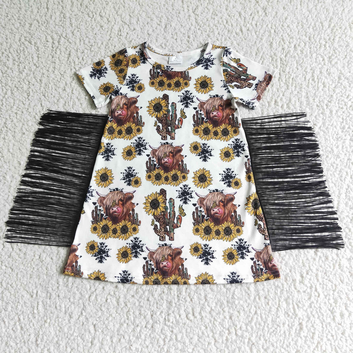 Highland Cow Sunflower Tassels Girl's Western Dress