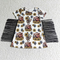 Highland Cow Sunflower Tassels Girl's Western Dress