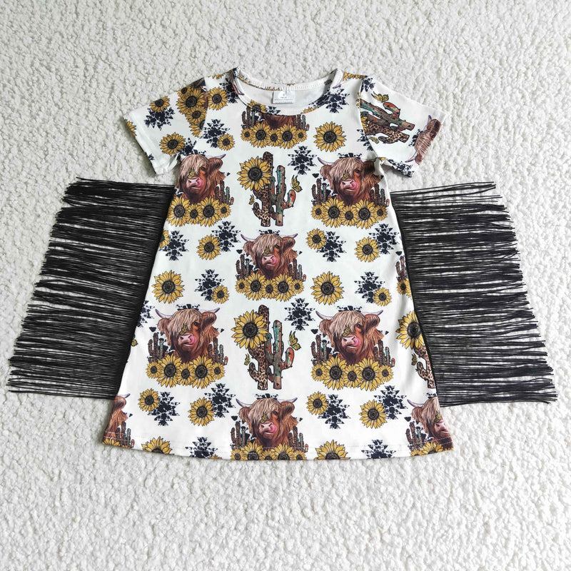Highland Cow Sunflower Tassels Girl's Western Dress