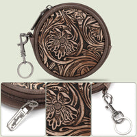 WG116-003  Wrangler Floral Tooled Circular Coin Pouch Bag Charm - Coffee
