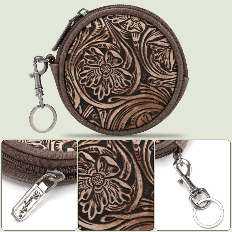 WG116-003  Wrangler Floral Tooled Circular Coin Pouch Bag Charm - Coffee