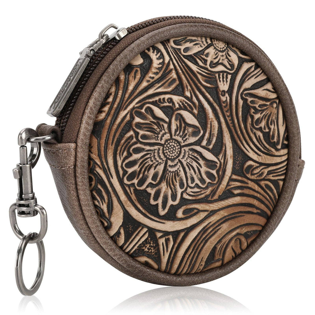 WG116-003  Wrangler Floral Tooled Circular Coin Pouch Bag Charm - Coffee