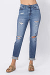 Hi Waist Cuffed Boyfriend Jeans w/ Destroyed Details 88404