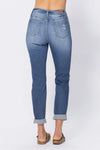 Hi Waist Cuffed Boyfriend Jeans w/ Destroyed Details 88404