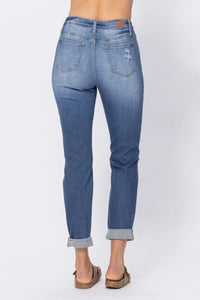 Hi Waist Cuffed Boyfriend Jeans w/ Destroyed Details 88404