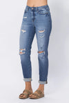 Hi Waist Cuffed Boyfriend Jeans w/ Destroyed Details 88404