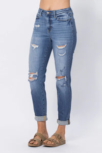 Hi Waist Cuffed Boyfriend Jeans w/ Destroyed Details 88404