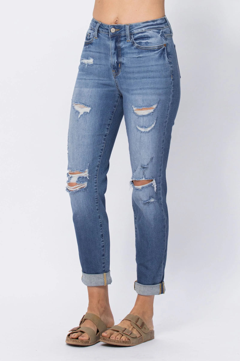 Hi Waist Cuffed Boyfriend Jeans w/ Destroyed Details 88404