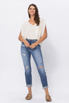 Hi Waist Cuffed Boyfriend Jeans w/ Destroyed Details 88404