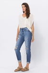 Hi Waist Cuffed Boyfriend Jeans w/ Destroyed Details 88404