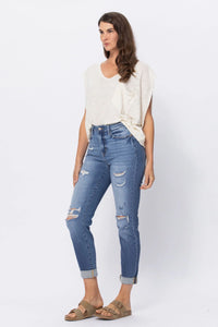 Hi Waist Cuffed Boyfriend Jeans w/ Destroyed Details 88404