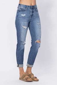 Hi Waist Cuffed Boyfriend Jeans w/ Destroyed Details 88404